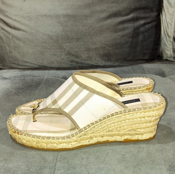 Burberry Pink Plaid Check Espadrille Wedge Thongs Flip Flops Sandals Size 39 - Picture 3 of 7